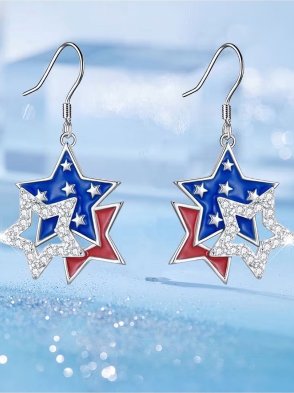 Patriotic Star Dangle Earrings - Red & Blue